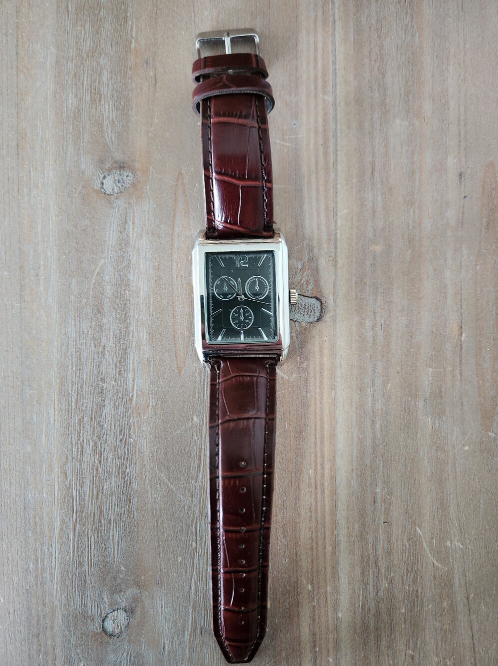 ⌚ Merona Men's Rectangular Dress Watch | Brown Croc-Embossed Strap | New Battery